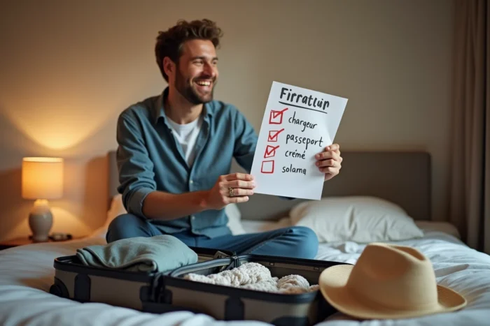Homme riant devant sa valise ouverte en tenant une liste comique des oublis classiques de vacances entourés en rouge