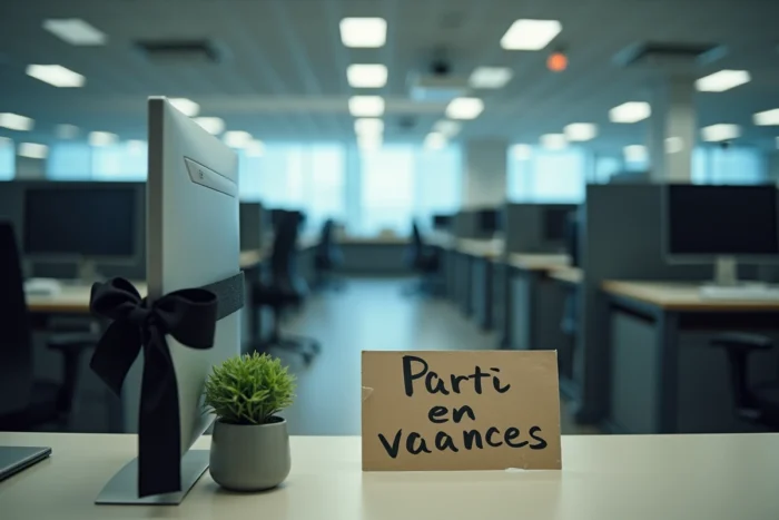 Bureau vide dramatiquement décoré d'un ruban noir et d'un panneau manuscrit 'Parti en vacances' évoquant une absence théâtralisée