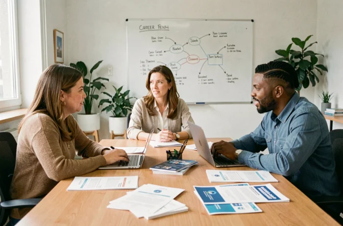 Groupe de travailleurs en reconversion professionnelle discutant de nouvelles opportunités d'emploi dans un centre de conseil en carrière