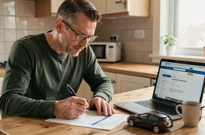 Homme remplissant un formulaire de remboursement de franchise d'assurance auto à la maison, avec un ordinateur portable ouvert