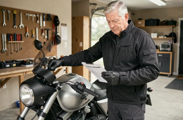 Homme de 60 ans en équipement moto complet vérifiant une liste dans son garage avant de reprendre la moto