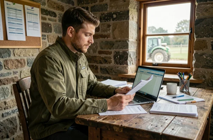 Jeune responsable agricole analysant des dossiers administratifs dans un bureau de ferme, représentant le calcul et la définition de l'UTH en gestion agricole