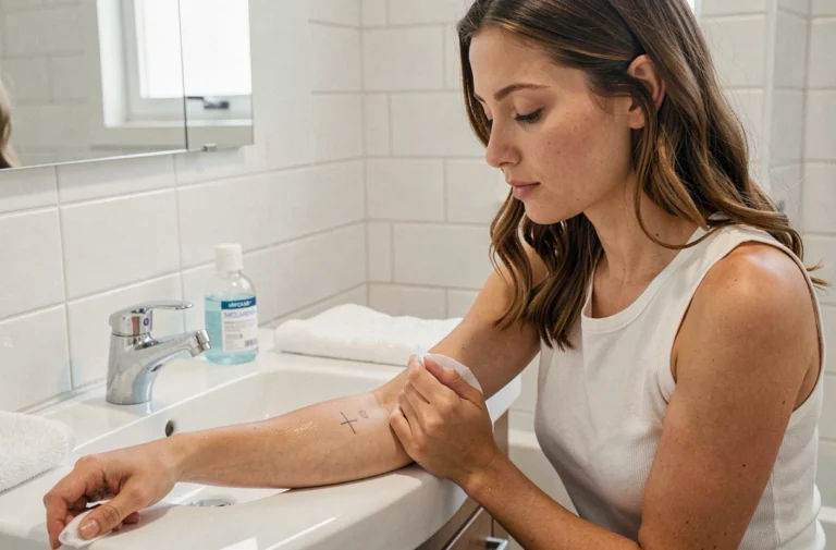 Femme retirant un stencil de tatouage à la maison avec un coton et de l'eau micellaire dans une salle de bain