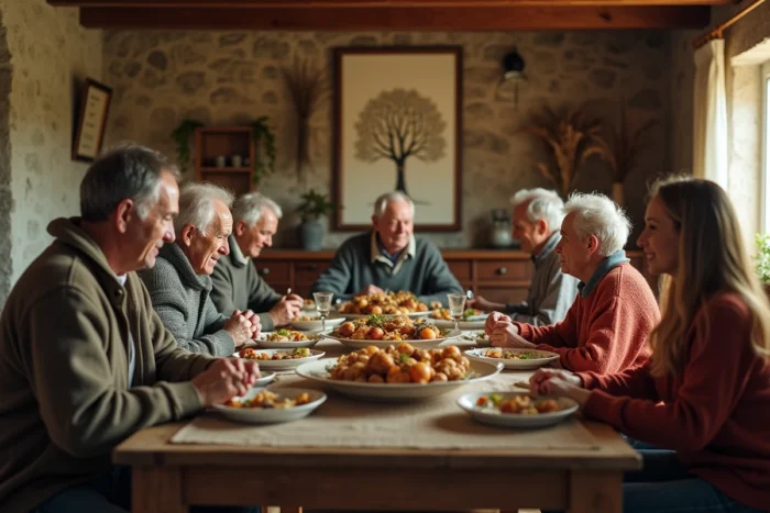 Réunion de famille multigénérationnelle dans une ferme bretonne traditionnelle, illustrant les liens familiaux étroits et l'arbre généalogique dans les régions rurales françaises