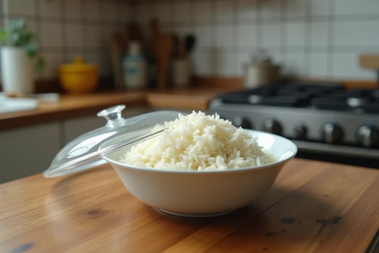 Bol de riz cuit laissé à température ambiante sur un comptoir de cuisine, illustrant les risques du syndrome du riz cantonnais