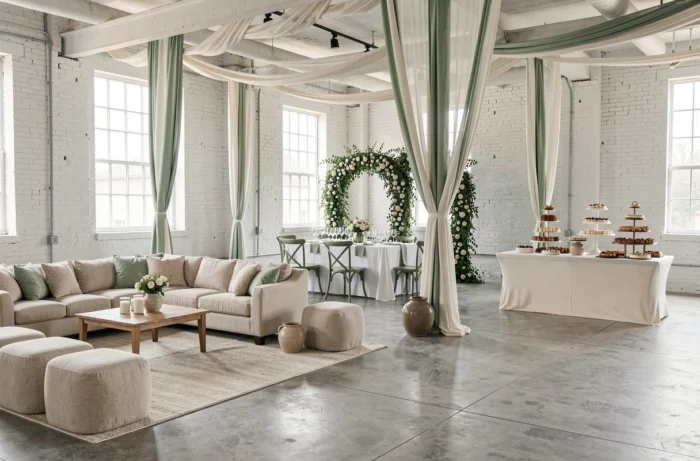 Scénographie de mariage modulaire en trois zones distinctes : cocktail, repas et buffet de desserts, dans un espace industriel converti