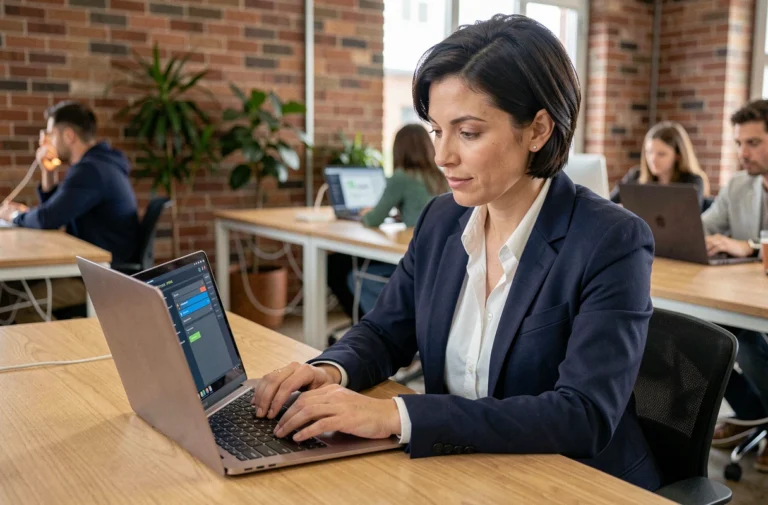 Femme professionnelle configurant un VPN sur son ordinateur portable dans un espace de coworking moderne pour assurer la sécurité informatique