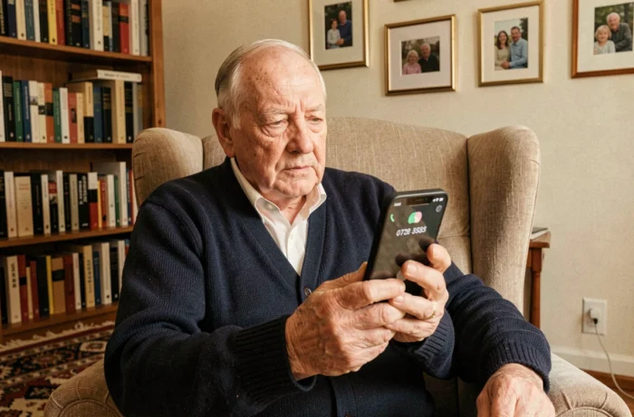 Homme âgé assis dans un fauteuil examinant un appel téléphonique inconnu sur son smartphone avec prudence