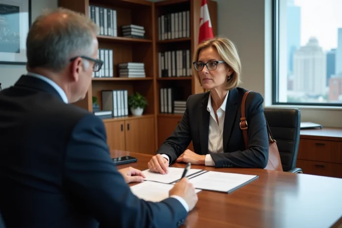 Femme française signant un contrat immobilier canadien chez un notaire à Montréal