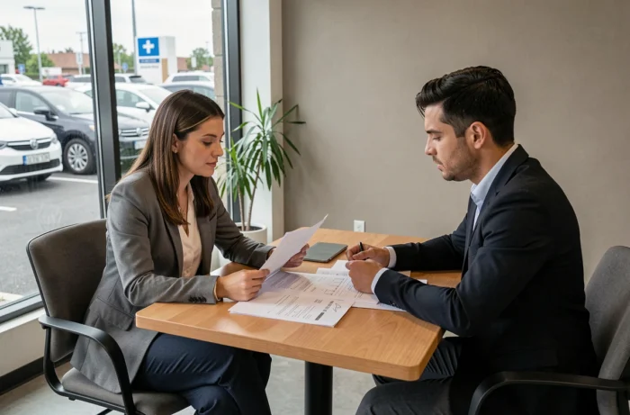 Femme et vendeur en train de signer les documents de vente d'un véhicule d'occasion dans un bureau de concession