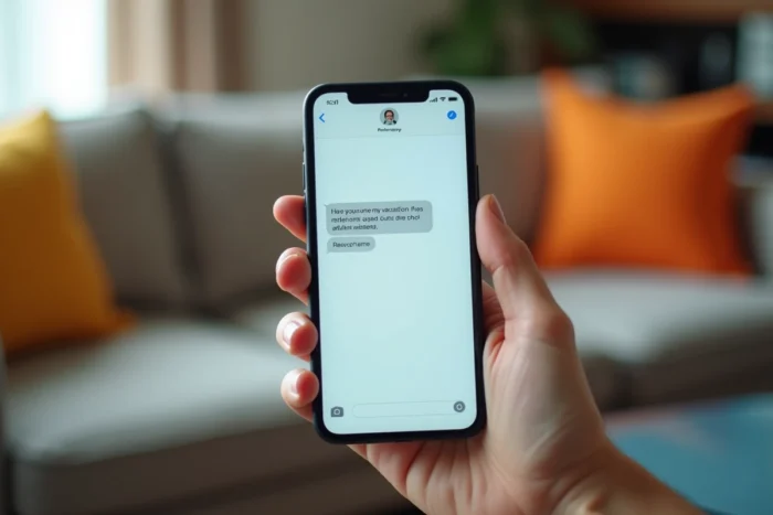 Gros plan d'un smartphone affichant un SMS humoristique de trois lignes pour souhaiter de bonnes vacances
