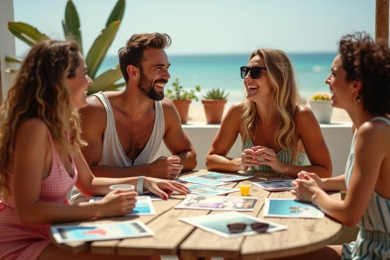 Groupe d'amis riants autour d'une table couverte de cartes postales et de messages humoristiques pour souhaiter de bonnes vacances