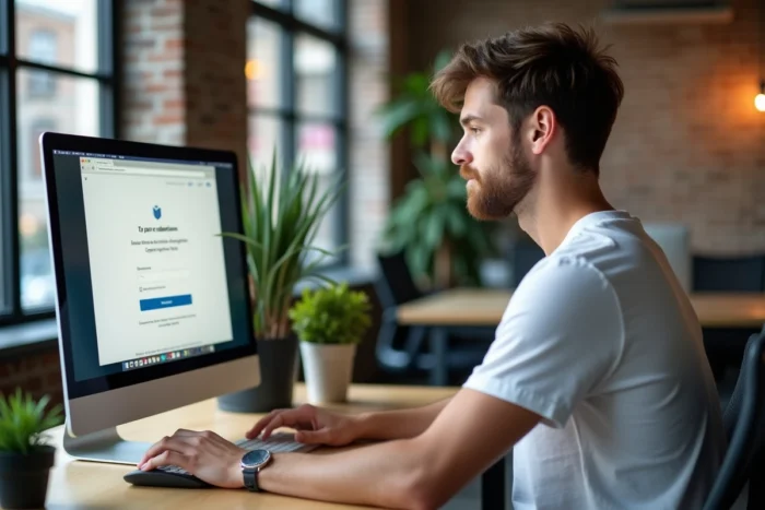 Jeune adulte confirmant la suppression de son compte Le Bon Coin sur un ordinateur de bureau dans un espace de coworking