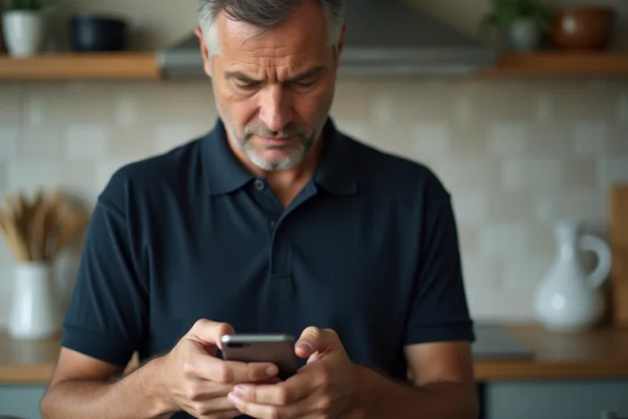 Homme supprimant son compte Le Bon Coin sur smartphone dans sa cuisine