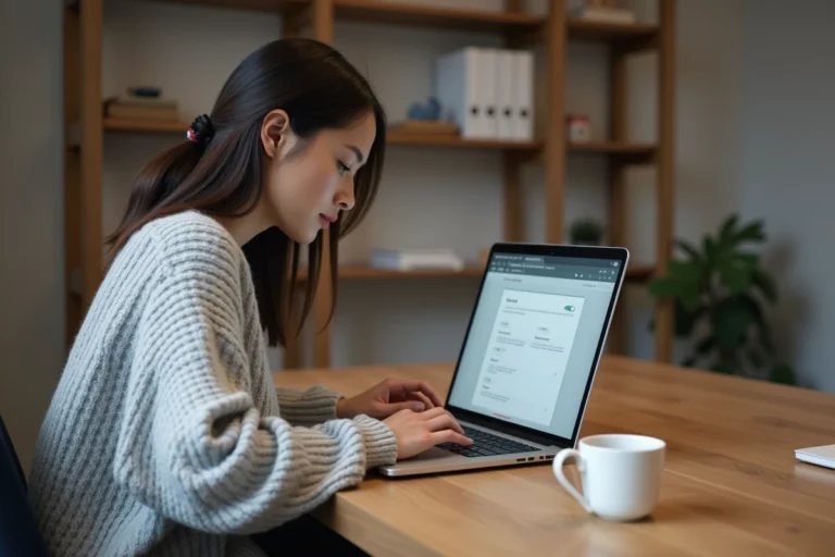 Femme supprimant son compte sur Le Bon Coin depuis un ordinateur portable à son bureau à domicile