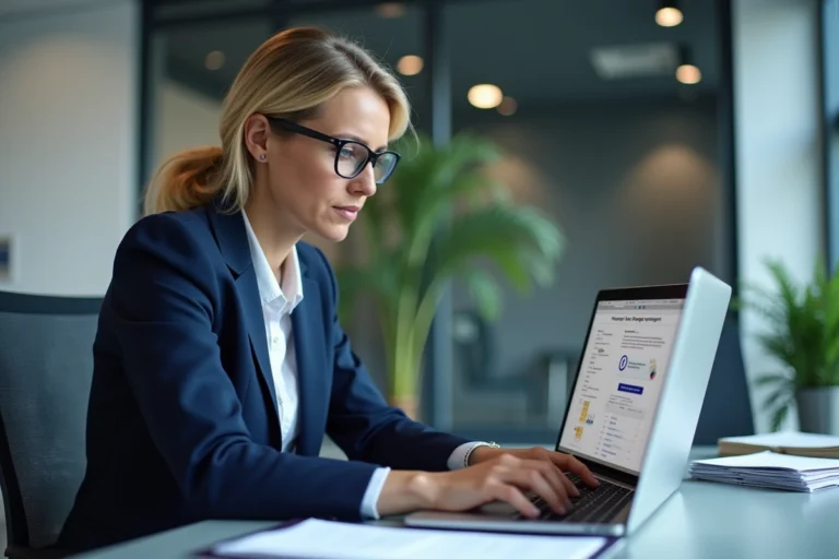 Syndic de copropriété accédant au portail de gestion immobilière sur un ordinateur portable dans un bureau moderne