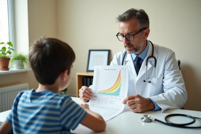 Pédiatre analysant un tableau de croissance avec un enfant de 6 ans lors d'une visite médicale
