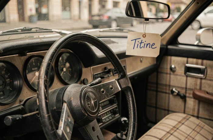 Tableau de bord rétro d'une vieille voiture française des années 70 avec une étiquette manuscrite portant le surnom Titine