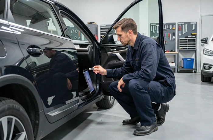 Technicien en concession Peugeot effectuant une mise à jour GPS via clé USB sur un Peugeot 3008