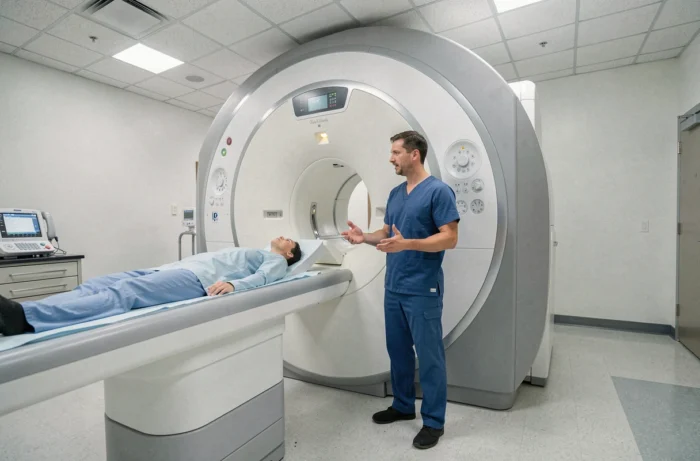 Technicien en radiologie présentant un appareil IRM ouvert à un patient dans une salle d'imagerie médicale moderne