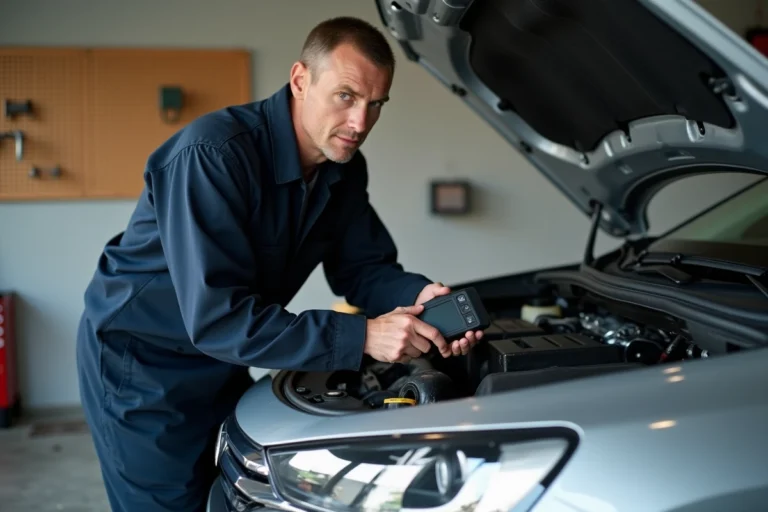 Technicien automobile connectant un scanner OBD2 sous le tableau de bord d'une Citroën C5 pour réinitialiser le voyant de service