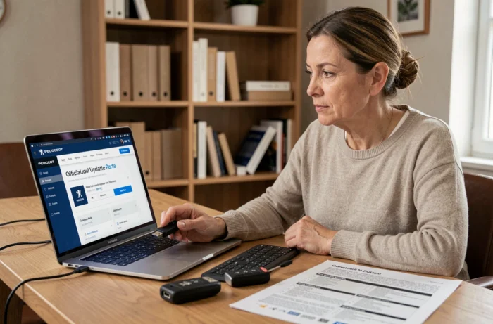 Femme téléchargeant la mise à jour GPS Peugeot depuis le site officiel sur son ordinateur portable à domicile