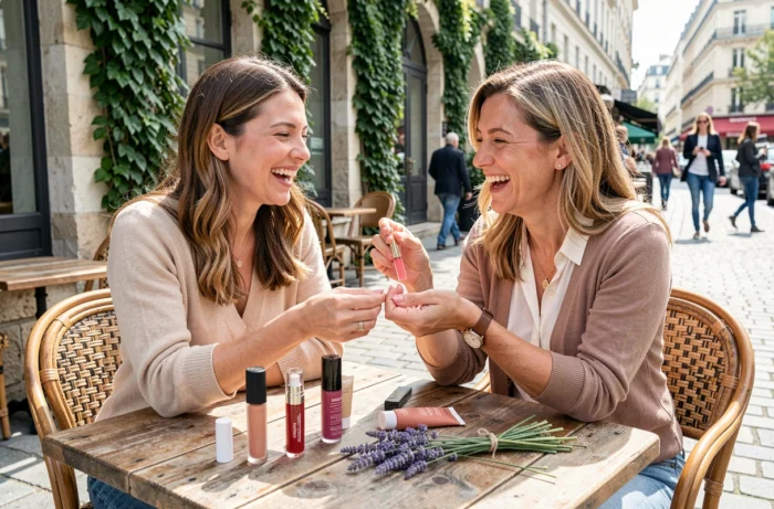 Deux femmes comparant des teintes de rouge à lèvres en terrasse parisienne, partage de tendances beauté entre amies