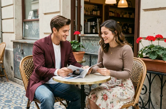 Deux amies à la mode feuilletant un magazine de tendances attablées à la terrasse d'un café parisien