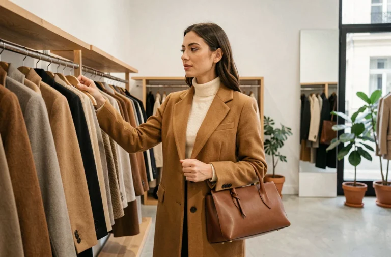 Femme élégante en manteau camel découvrant les nouvelles tendances mode dans une boutique parisienne minimaliste