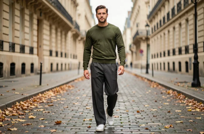 Homme tendance en tenue automnale marchant sur les pavés d'une rue européenne avec un style contemporain