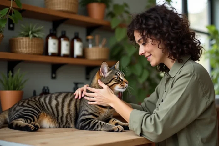 Femme prenant soin de son chat lors d'une séance de toilettage dans un salon bien-être animalier