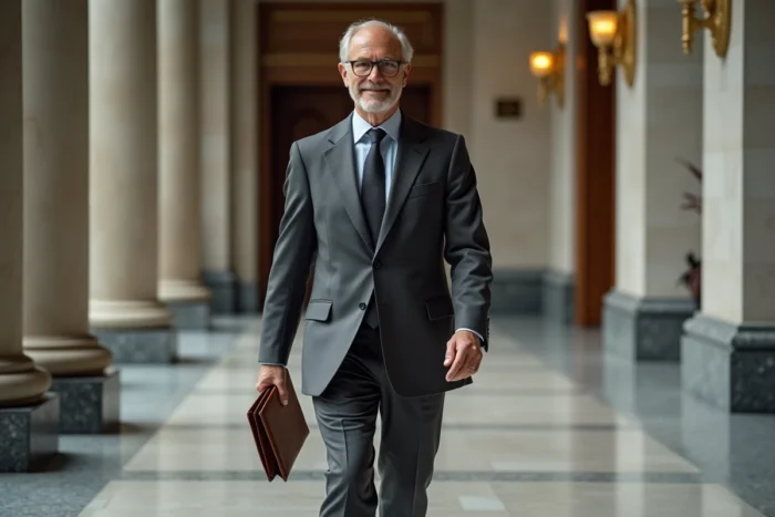 Homme d'affaires en costume marchant dans un couloir de bâtiment financier prestigious, évoquant la trajectoire de richesse et les estimations de fortune de Tony Scotti en 2026