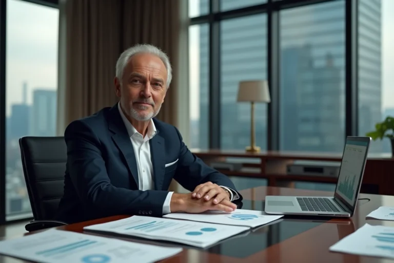Homme d'affaires prospère assis à un bureau exécutif avec des documents financiers, illustrant la fortune et le succès de Tony Scotti en 2026