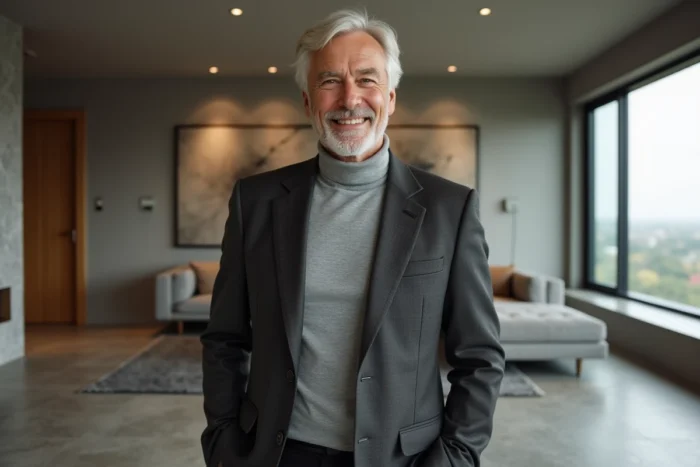 Homme élégant dans un appartement de luxe contemporain symbolisant la réussite financière et le patrimoine estimé de Tony Scotti