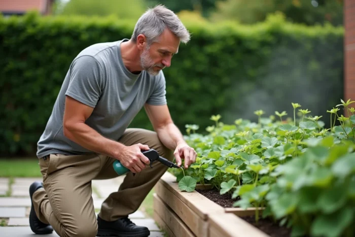 Homme appliquant un herbicide sélectif sur un massif d'oxalis dans un jardin surélevé