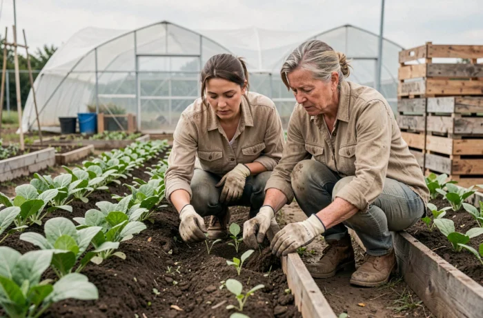 Deux travailleuses agricoles dans un jardin maraîcher français, symbolisant le travail collectif et le calcul des unités de travail humain en agriculture
