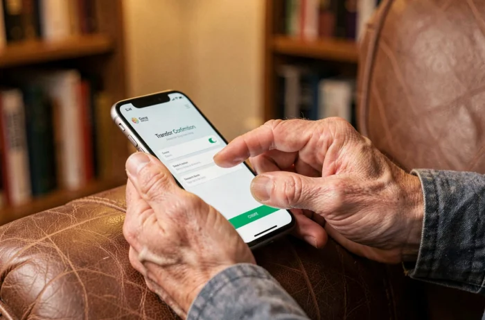 Mains d'un adulte validant un virement sur l'application mobile de la Banque Postale depuis un fauteuil