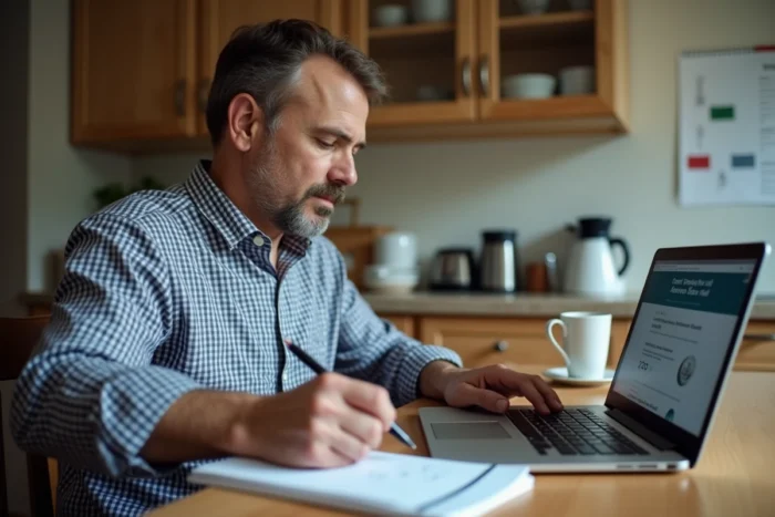 Homme recherchant les aides financières liées à la mobilité professionnelle sur un site gouvernemental avant son déménagement