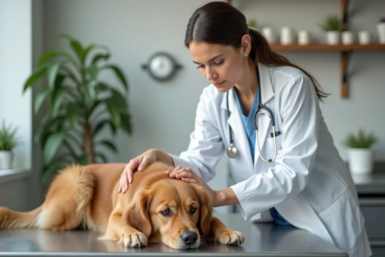 Vétérinaire examinant un golden retriever lors d'une consultation de bien-être animal en clinique