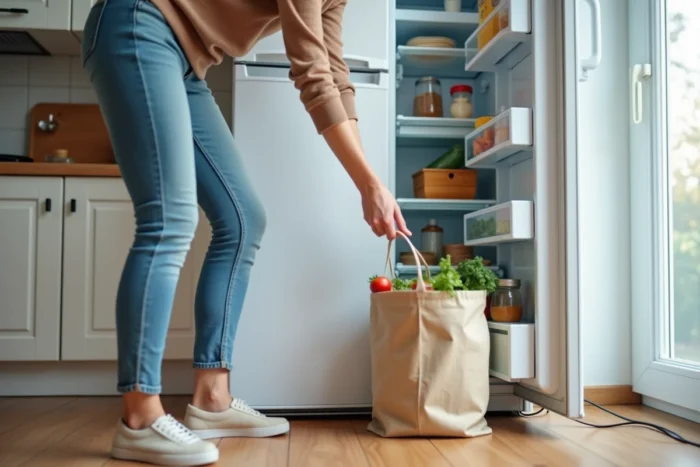 Femme vidant et dégivrant son réfrigérateur 48 heures avant le déménagement, avec le cordon débranché visible