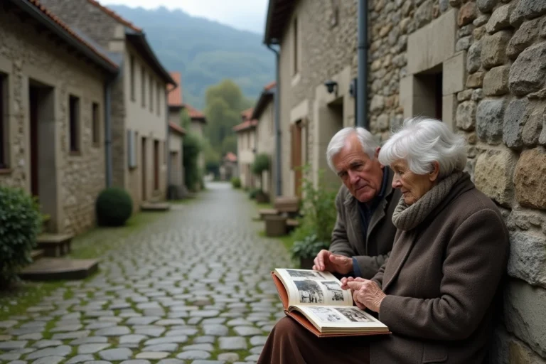 Couple de personnes âgées dans un village rural isolé de montagne en France, feuilletant un album de photos de famille sur une place en pierre, évoquant les liens familiaux étroits dans les régions reculées