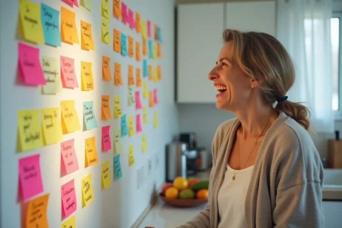 Femme riant dans sa cuisine en lisant une cascade de post-its colorés portant des vœux absurdes en série