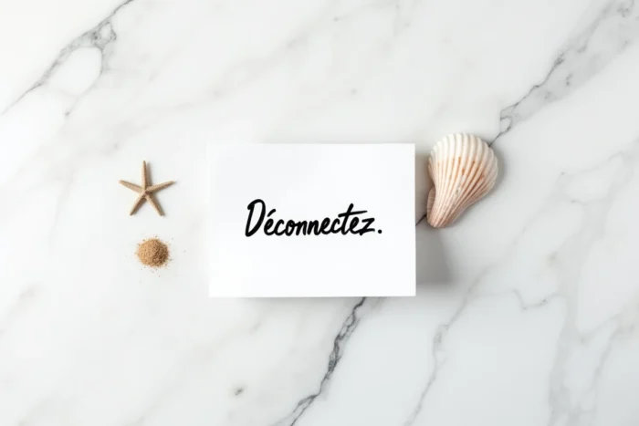 Carte minimaliste sur marbre blanc avec un seul mot 'Déconnectez.' écrit en marqueur noir gras avec un coquillage posé à côté