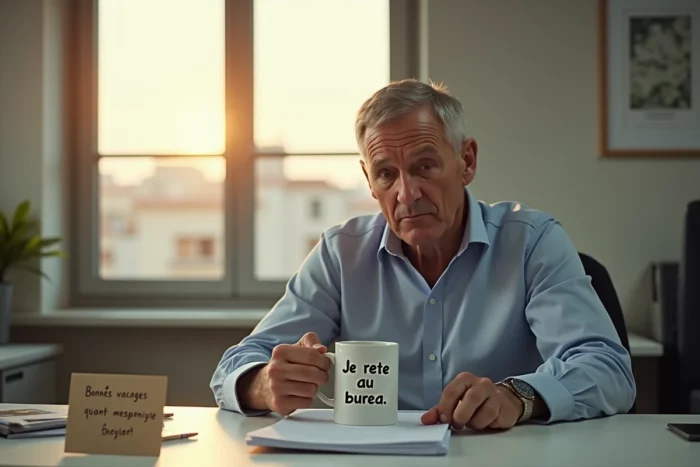 Homme souriant résigné au bureau tenant un mug 'Je reste au bureau' devant une fenêtre ensoleillée avec une carte de vœux posée sur le bureau